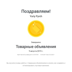 Сертифікат роботи з товарними оголошеннями — приклад роботи портфоліо фрілансера в категорії Контекстна реклама