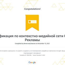 Google Ads Display Certification 2019 — example of a freelancer's portfolio in the category Contextual Advertising