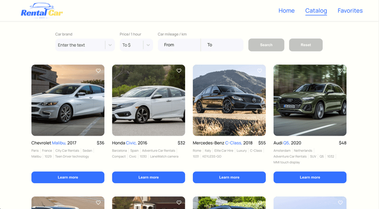 Rental car – freelancer portfolio work